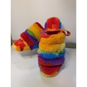 UGG FLUFF SLIDES YEAH RAINBOW PLATFORM SLIPPERS SIZE 9 NWOT